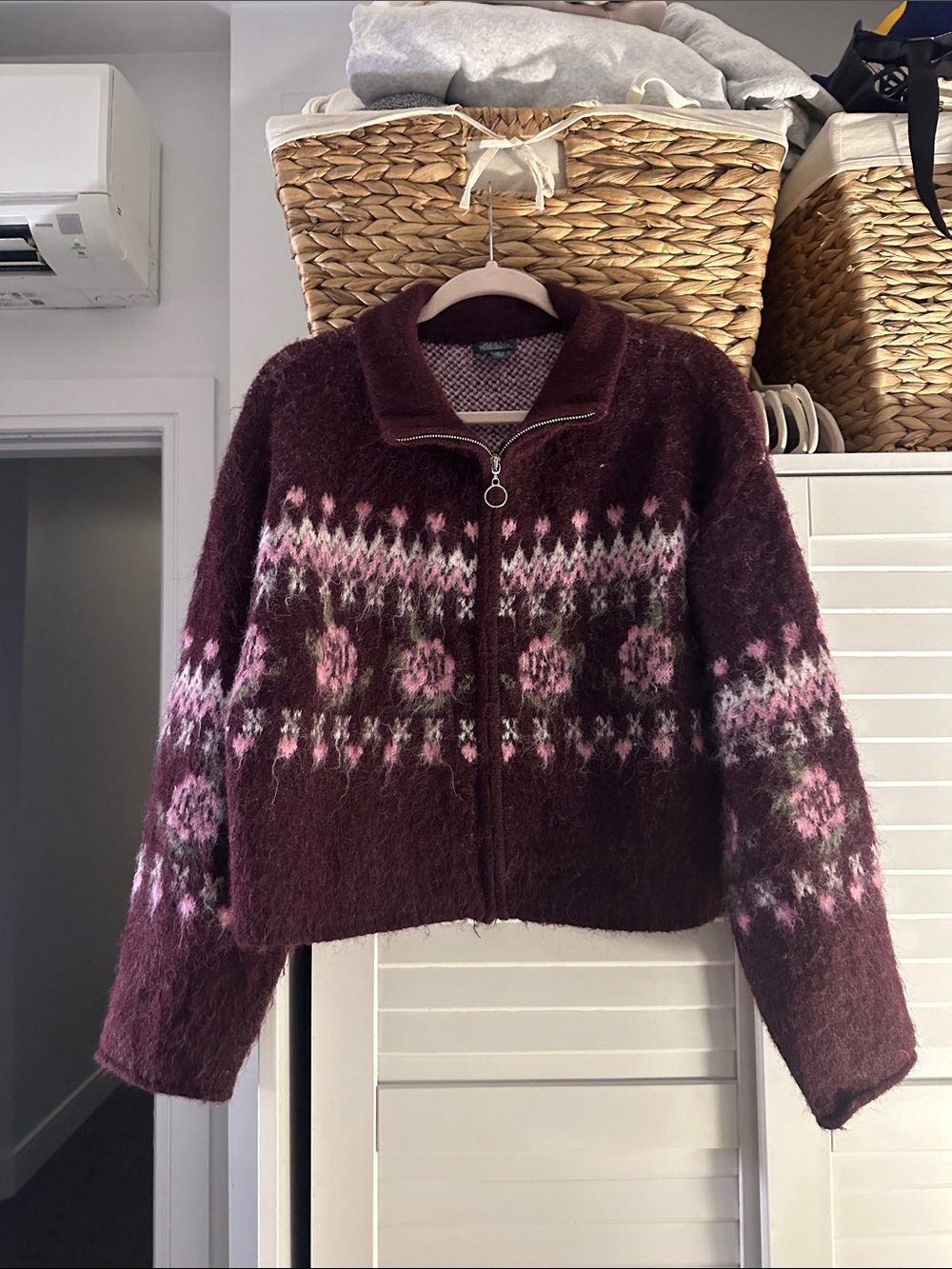 wild fable Maroon Zip-Up Floral Fair Isle Jacket